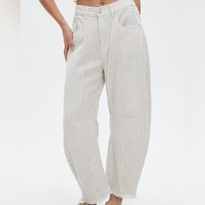 Womens Striped Wide Leg Barrel Jeans Size M High Waist Frayed Hem Tan White